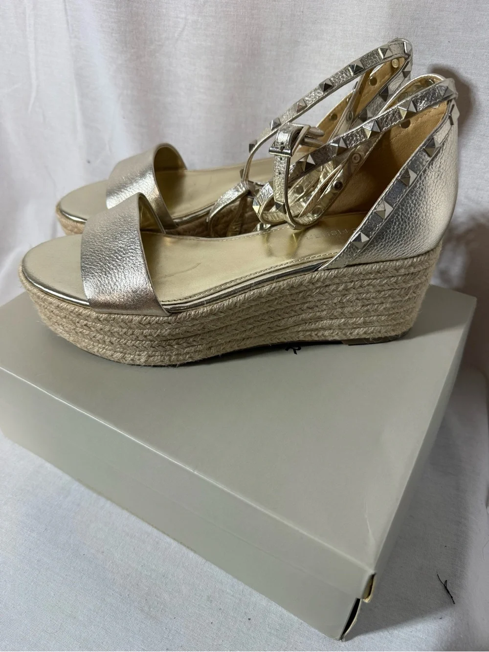Marc Fisher Metallic Gold Espadrille Wedge Sandals with Studded Ankle Straps 9.5